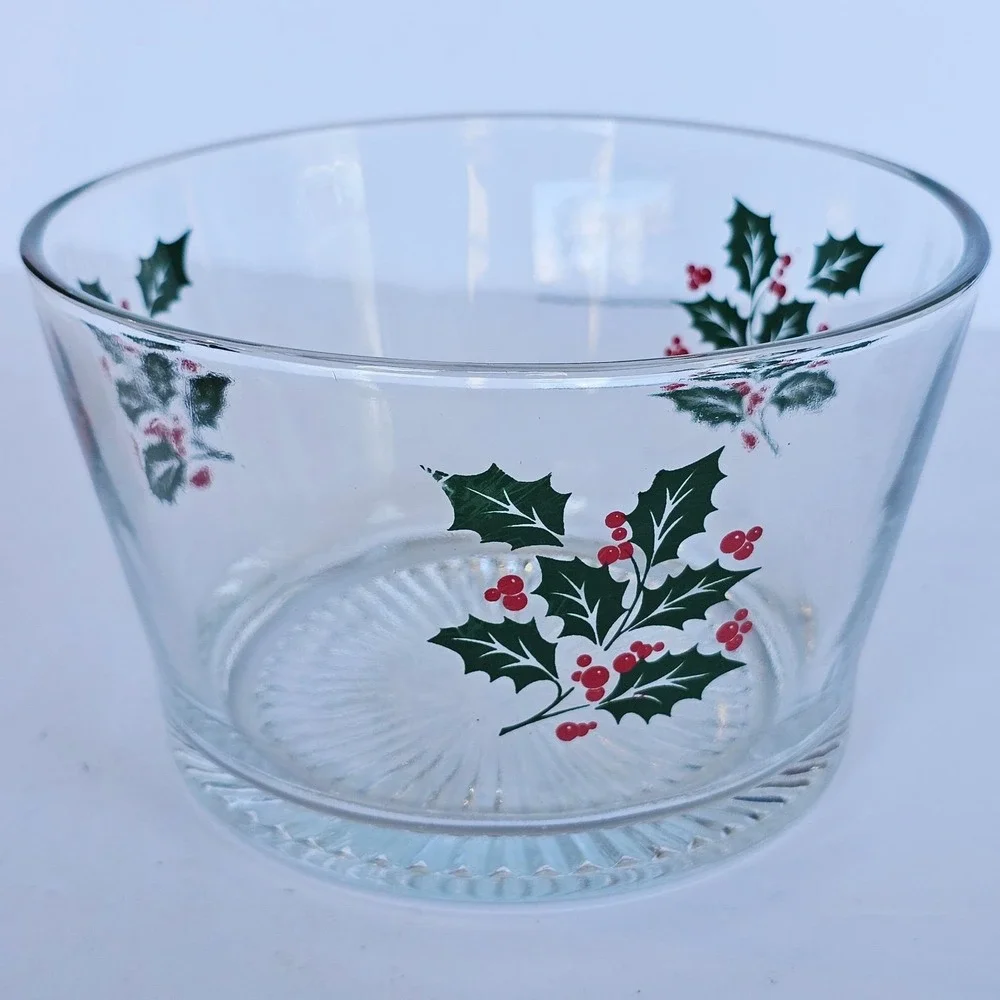 Vintage Christmas Glass Serving Bowl Holly Berry Pattern Holiday Tablescape